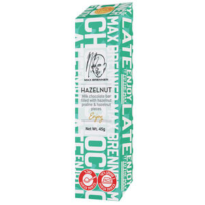 מקס ברנר חטיף שוקולד חלב ממולא בקרם נוגט עם שברי אגוזי לוז קלויים 45 גרם.